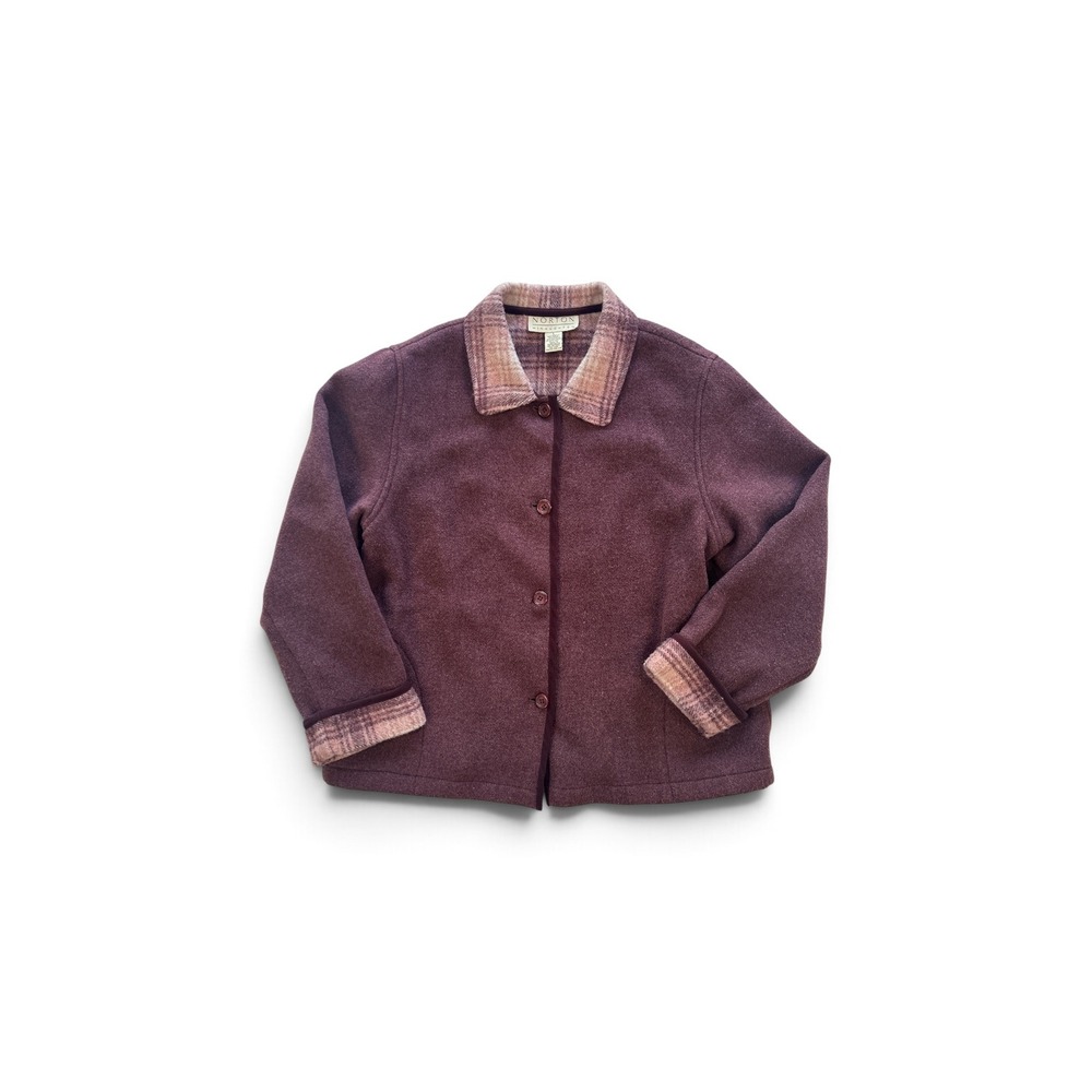 Norton McNaughton Womens Burgundy Wool Blend Plaid Collar Button Jacket Large